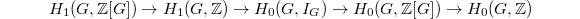 $$H_1(G, \mathbb{Z}[G])\rightarrow H_1(G, \mathbb{Z})\rightarrow H_0(G, I_G)\rightarrow H_0(G, \mathbb{Z}[G])\rightarrow H_0(G, \mathbb{Z})$$