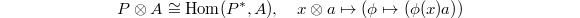 $$P\otimes A\cong \Hom(P^*, A),\quad x\otimes a\mapsto(\phi\mapsto(\phi(x)a))$$