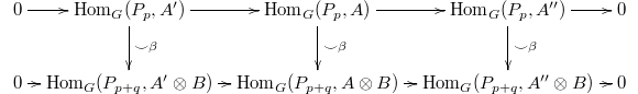 $$\xymatrix@C=.7em{0 \ar[r] &\Hom_G(P_p, A') \ar[r] \ar[d]^{\smile\beta} &\Hom_G(P_p, A) \ar[r] \ar[d]^{\smile\beta} & \Hom_G(P_p, A'') \ar[r] \ar[d]^{\smile\beta} & 0\\ 0 \ar[r] &\Hom_G(P_{p+q}, A'\otimes B) \ar[r] & \Hom_G(P_{p+q}, A\otimes B) \ar[r] & \Hom_G(P_{p+q}, A''\otimes B) \ar[r] &0}$$