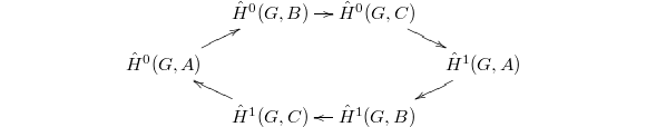 $$\xymatrix@=1em{ & \hat H^0(G,B) \ar[r] & \hat H^0(G,C) \ar[rd]  & \\ \hat H^0(G, A) \ar[ru]  & &  & \hat H^1(G,A) \ar[ld] \\ & \hat H^1(G, C) \ar[lu] & \hat H^1(G, B) \ar[l] & }$$