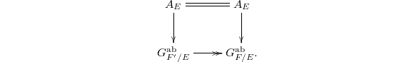 $$\xymatrix{A_E \ar@{=}[r] \ar[d] & A_E \ar[d] \\ G_{F'/E}^\mathrm{ab} \ar@{->>}[r] & G_{F/E}^\mathrm{ab}.}$$