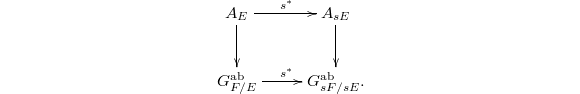 $$\xymatrix{A_E \ar[d] \ar[r]^{s^*} &  A_{sE} \ar[d] \\ G_{F/E}^\mathrm{ab} \ar[r]^{s^*} & G_{sF/sE}^\mathrm{ab}.}$$