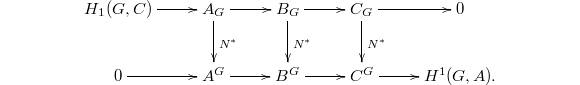 $$\xymatrix{ H_1(G,C) \ar[r] & A_G \ar[r] \ar[d]^{N^*} & B_G \ar[r] \ar[d]^{N^*}  & C_G \ar[r] \ar[d]^{N^*} & 0\\ 0 \ar[r] & A^G \ar[r] & B^G \ar[r] & C^G \ar[r] & H^1(G,A).}$$