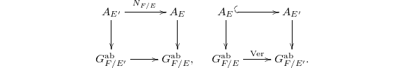 $$\xymatrix{A_{E'} \ar[d] \ar[r]^{N_{F/E}}& A_E \ar[d] \\  G_{F/E'}^\mathrm{ab} \ar[r] &G_{F/E}^\mathrm{ab},}\quad \xymatrix{A_E \ar[d] \ar@{^(->}[r] & A_{E'} \ar[d] \\  G_{F/E}^\mathrm{ab} \ar[r]^-{\mathrm{Ver}} &G_{F/E'}^\mathrm{ab}.} $$