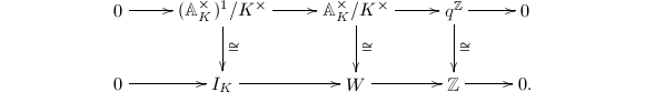 $$\xymatrix{0 \ar[r] & (\mathbb{A}_K^\times)^1/K^\times \ar[r] \ar[d]^{\cong} & \mathbb{A}_K^\times/K^\times \ar[r] \ar[d]^{\cong}& q^\mathbb{Z} \ar[r] \ar[d]^{\cong} & 0\\0\ar[r] & I_K \ar[r] & W \ar[r] & \mathbb{Z} \ar[r] &0.}$$