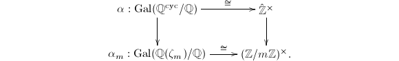 $$\xymatrix{\alpha: \Gal(\mathbb{Q}^\mathrm{cyc}/\mathbb{Q})\ar[r]^-{\cong}\ar[d] & \hat{\mathbb{Z}}^\times \ar[d]\\\alpha_m: \Gal(\mathbb{Q}(\zeta_m)/\mathbb{Q}) \ar[r]^-{\cong} & (\mathbb{Z}/m \mathbb{Z})^\times. }$$