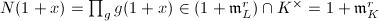 $N(1+x)=\prod_g g(1+x)\in (1+\mathfrak{m}_L^r)\cap K^\times=1+\mathfrak{m}_K^r$