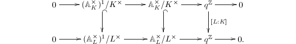 $$\xymatrix{0 \ar[r] & (\mathbb{A}_K^\times)^1/K^\times \ar[r]\ar@{^{(}->}[d] & \mathbb{A}_K^\times/K^\times\ar[r] \ar@{^{(}->}[d] &q^\mathbb{Z} \ar[r] \ar[d]^{[L:K]}& 0\\ 0 \ar[r] & (\mathbb{A}_L^\times)^1/L^\times \ar[r] & \mathbb{A}_L^\times/L^\times \ar[r]  & q^\mathbb{Z}\ar[r]& 0.} $$