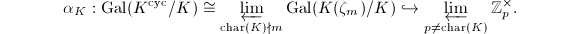 $$\alpha_K: \Gal(K^\mathrm{cyc}/K)\cong\varprojlim_{\Char(K)\nmid m} \Gal(K(\zeta_m)/K)\hookrightarrow \varprojlim_{p\ne \Char(K)} \mathbb{Z}_p^\times.$$