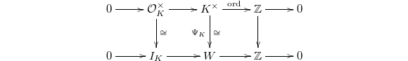 $$\xymatrix{0 \ar[r]  & \mathcal{O}_K^\times \ar[r] \ar[d]^{\cong} & K^\times \ar[r]^{\ord} \ar[d]_{\Psi_K}^{\cong} & \mathbb{Z} \ar[r] \ar[d]& 0\\ 0 \ar[r] & I_K\ar[r] & W \ar[r]& \mathbb{Z} \ar[r]& 0}$$