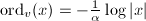 $\ord_v(x)=-\frac{1}{\alpha}\log|x|$