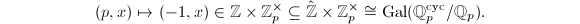 $$(p,x)\mapsto (-1, x)\in \mathbb{Z}\times \mathbb{Z}_p^\times\subseteq \hat{\mathbb{Z}}\times \mathbb{Z}_p^\times\cong\Gal(\mathbb{Q}_p^\mathrm{cyc}/\mathbb{Q}_p).$$