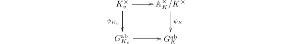 $$\xymatrix{K_v^\times \ar[r] \ar[d]_{\psi_{K_v}}& \mathbb{A}_K^\times/K^\times \ar[d]^{\psi_K}\\ G_{K_v}^\mathrm{ab} \ar[r] & G_K^\mathrm{ab}}$$