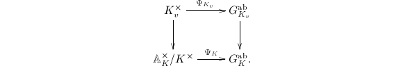 $$\xymatrix{ K_v^\times \ar[d]  \ar[r]^-{\Psi_{K_v}} & G_{K_v}^\mathrm{ab}\ar[d] \\ \mathbb{A}_K^\times/K^\times \ar[r]^-{\Psi_K}  & G_K^\mathrm{ab} .}$$