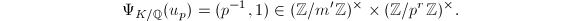 $$\Psi_{K/\mathbb{Q}}(u_p)=(p^{-1},1)\in (\mathbb{Z}/m' \mathbb{Z})^\times\times (\mathbb{Z}/p^r \mathbb{Z})^\times.$$