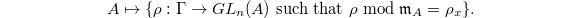 $$A\mapsto \{\rho:\Gamma\rightarrow GL_n(A)\text{ such that }\rho\bmod \mathfrak{m}_A=\rho_x\}.$$