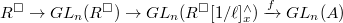 $R^\Box\rightarrow GL_n(R^\Box)\rightarrow GL_n(R^\Box[1/\ell]_x^\wedge)\xrightarrow{f}GL_n(A)$