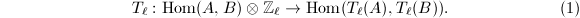 
\begin{equation*}
  T_\ell: \Hom(A, B)\otimes \mathbb{Z}_{\ell} \rightarrow \Hom(T_\ell(A), T_\ell(B)).  \tag{1}
\end{equation*}

