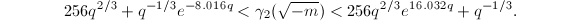 $$256q^{2/3}+q^{-1/3}e^{-8.016q}<\gamma_2(\sqrt{-m})<256q^{2/3}e^{16.032q}+q^{-1/3}.$$