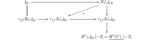 $$\xymatrix{\underline{k}_Y \ar[rr] \ar@{=}[d]  & & Rf_*\underline{k}_X \ar[d]\ar[ld]^\phi\\
  \tau_{\le0}Rj_*\underline{k}_U \ar[r]& \tau_{\le1}Rj_*\underline{k}_U \ar[r] & \tau_{\le2}Rj_*\underline{k}_U\ar[d]\\
&& R^2j_*\underline{k}_U[-2]= \underline{H^2(U)}_v[-2] .}$$