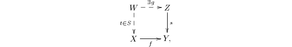 
\begin{equation*}
  \xymatrix{W \ar@{-->}[d]_{t\in S}\ar@{-->}[r]^{\exists g}& Z \ar[d]^s \\ X \ar[r]_f& Y,}
\end{equation*}
