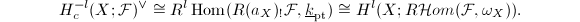 $$H_c^{-l}(X;\mathcal{F})^\vee\cong R^l\Hom(R(a_X)_!\mathcal{F},\underline{k}_{\mathrm{pt}})\cong H^l(X;R\mathcal{H}om(\mathcal{F},\omega_X)).$$