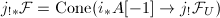 $j_{!*}\mathcal{F}=\mathrm{Cone}(i_*A[-1]\rightarrow j_!\mathcal{F}_U)$