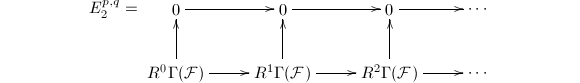 $$E_2^{p,q}=\xymatrix{0 \ar[r] & 0 \ar[r]& 0\ar[r] & \cdots\\ R^0\Gamma(\mathcal{F}) \ar[u]\ar[r] & R^1\Gamma(\mathcal{F})\ar[u]\ar[r] & R^2\Gamma(\mathcal{F}) \ar[r]\ar[u] & \cdots }$$