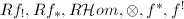 $Rf_!, Rf_*, R\mathcal{H}om, \otimes, f^*, f^!$