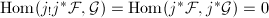 $\Hom(j_!j^*\mathcal{F},\mathcal{G})=\Hom(j^*\mathcal{F}, j^*\mathcal{G})=0$