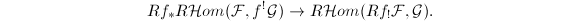 $$Rf_* R\mathcal{H}om(\mathcal{F},f^!\mathcal{G})\rightarrow R\mathcal{H}om(Rf_!\mathcal{F}, \mathcal{G}).$$