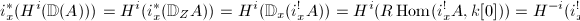 $$i_x^*(H^i(\mathbb{D}(A)))=H^i(i_x^*(\mathbb{D}_ZA))=H^i(\mathbb{D}_x(i_x^!A))=H^i(R\Hom(i_x^!A,k[0]))=H^{-i}(i_x^!A)^\vee.$$