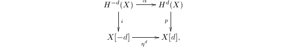 $$\xymatrix{H^{-d}(X) \ar[r]^\alpha \ar[d]^i& H^d(X)\ar[d]_p\\ X[-d] \ar[r]_{\eta^d} & X[d],}$$