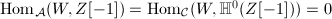 $\Hom_\mathcal{A}(W, Z[-1])=\Hom_\mathcal{C}(W, \mathbb{H}^0(Z[-1]))=0$