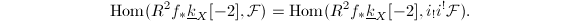 $$\Hom(R^2f_*\underline{k}_X[-2],\mathcal{F})=\Hom(R^2f_*\underline{k}_X[-2], i_!i^!\mathcal{F}).$$