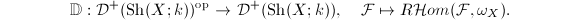 $$\mathbb{D}:  \mathcal{D}^+(\mathrm{Sh}(X;k))^{\mathrm{op}}\rightarrow  \mathcal{D}^+(\mathrm{Sh}(X;k)),\quad \mathcal{F}\mapsto R\mathcal{H}om(\mathcal{F},\omega_X).$$
