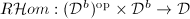 $R\mathcal{H}om: (\mathcal{D}^b)^\mathrm{op}\times\mathcal{D}^b\rightarrow\mathcal{D}$
