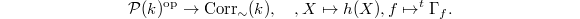 $$\mathcal{P}(k)^\mathrm{op}\rightarrow \mathrm{Corr}_\sim(k),\quad, X\mapsto h(X), f\mapsto ^t\Gamma_f.$$