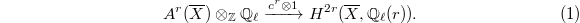 
  \begin{equation*}\tag{1}
      A^r(\overline{X})\otimes_\mathbb{Z}\mathbb{Q}_\ell \xrightarrow{c^r\otimes 1} H^{2r}(\overline{X},\mathbb{Q}_\ell(r)).
  \end{equation*}
