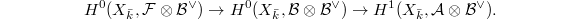 $$H^0(X_{\bar k},\mathcal{F}\otimes \mathcal{B}^\vee)\rightarrow H^0(X_{\bar k},\mathcal{B}\otimes \mathcal{B}^\vee)\rightarrow H^1(X_{\bar k},\mathcal{A}\otimes \mathcal{B}^\vee).$$