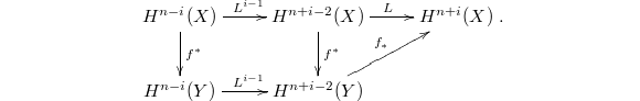 $$\xymatrix{H^{n-i}(X) \ar[r]^{L^{i-1}} \ar[d]^{f^*}& H^{n+i-2}(X) \ar[d]^{f^*} \ar[r]^{L} & H^{n+i}(X) \\ H^{n-i}(Y) \ar[r]^{L^{i-1}} & H^{n+i-2}(Y) \ar[ru]^-{f_*}&  }.$$